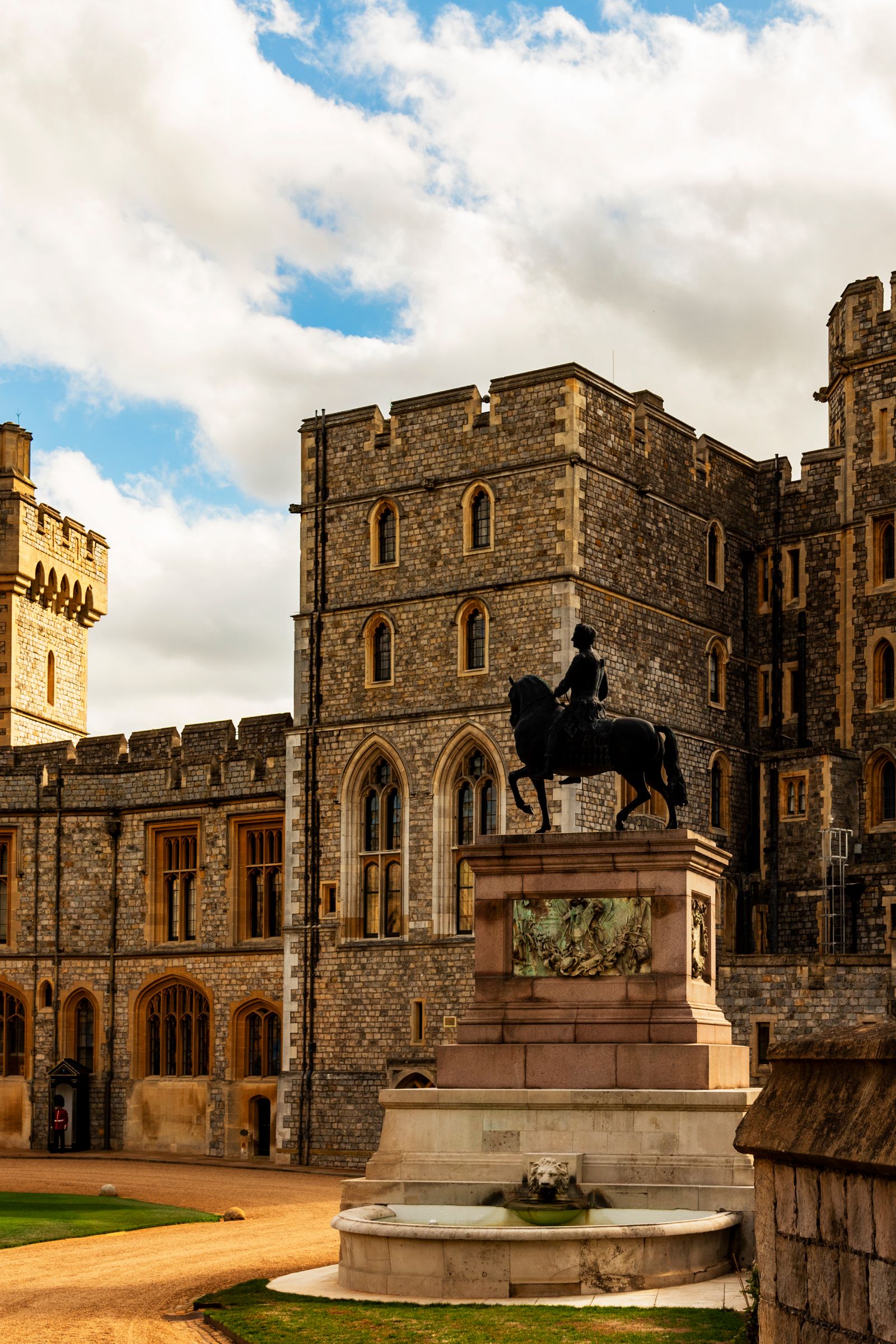 Windsor Castle facade with equestrian statue