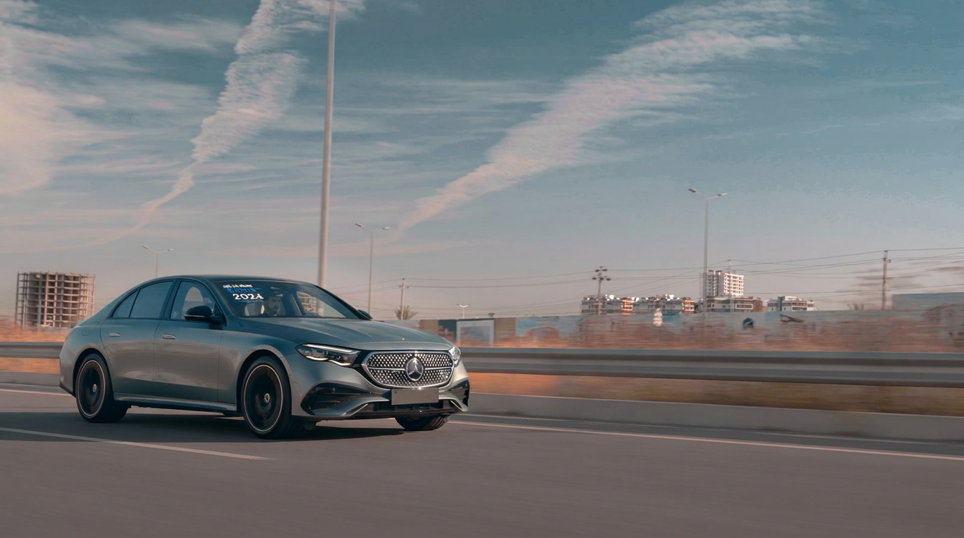 Black E Class driving on a city road