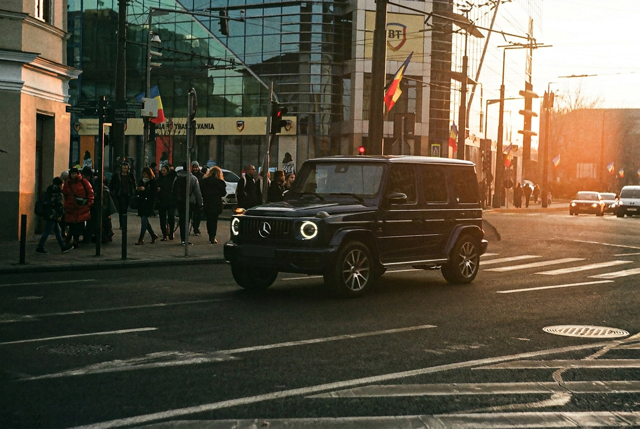 Black G Class on a city street at dusk