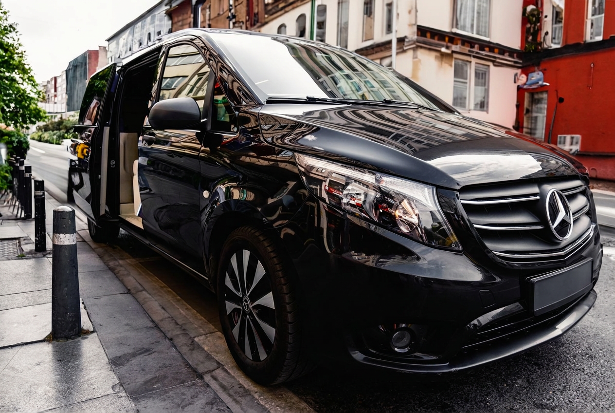 Black V Class parked at a city kerb with the side door open